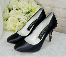 Load image into Gallery viewer, Navy Blue Satin Heels with Cherry Blossom  UK6/US8.5
