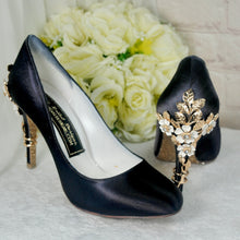 Load image into Gallery viewer, Navy Blue Satin Heels with Cherry Blossom  UK6/US8.5
