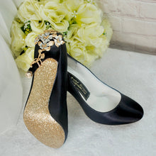 Load image into Gallery viewer, Navy Blue Satin Heels with Cherry Blossom  UK6/US8.5
