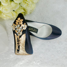 Load image into Gallery viewer, Navy Blue Satin Heels with Cherry Blossom  UK6/US8.5
