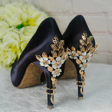 Load image into Gallery viewer, Navy Blue Satin Heels with Cherry Blossom  UK6/US8.5
