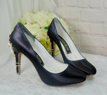 Load image into Gallery viewer, Navy Blue Satin Heels with Cherry Blossom  UK6/US8.5
