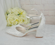 Load image into Gallery viewer, Satin and Lace Block Heels - Champagne or Ivory
