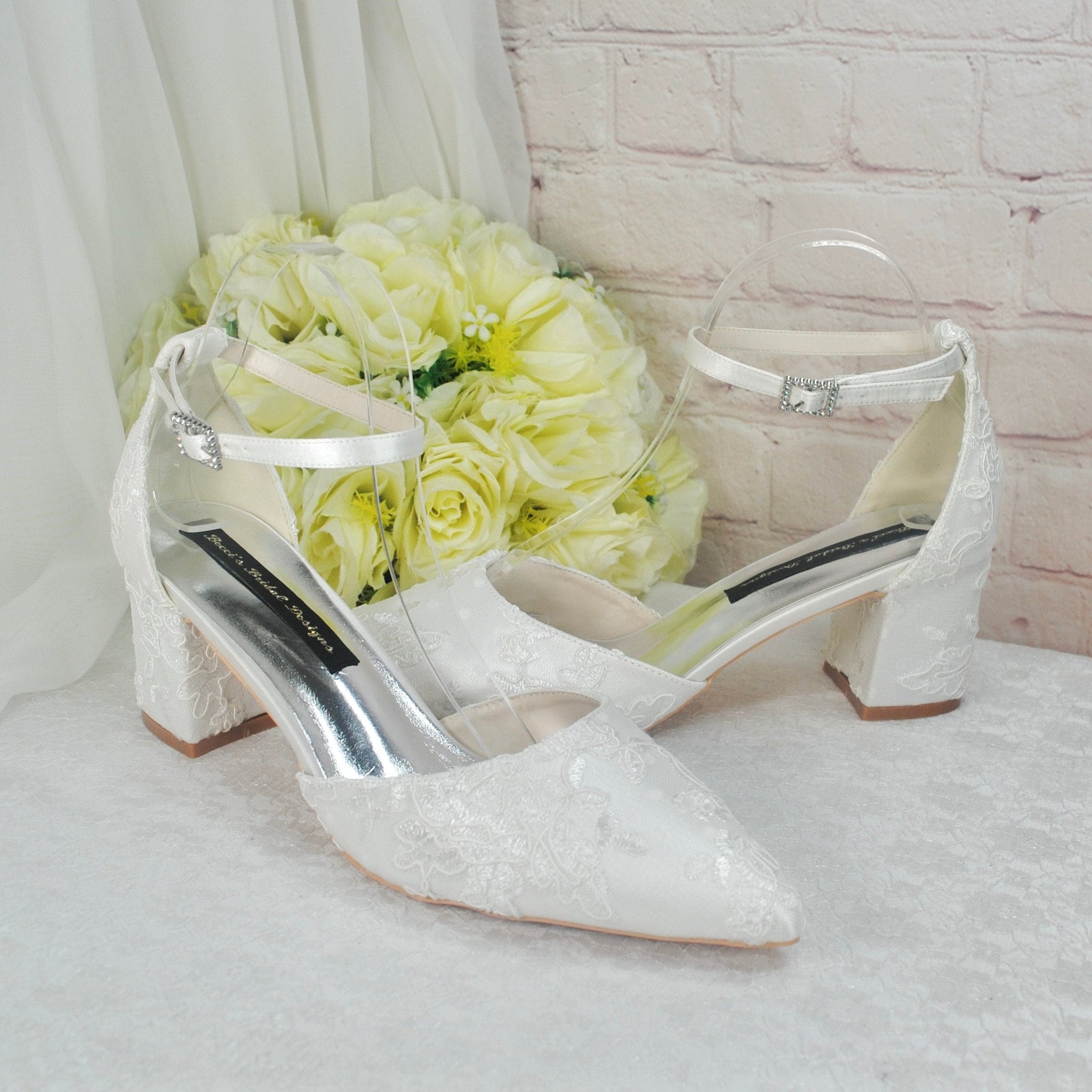 Satin and Lace Block Heels Champagne or Ivory Becci s Bridal Designs