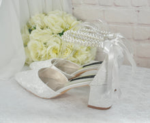 Load image into Gallery viewer, Ivory Lace Block Heel Sandals with Pearl Ankle Strap Wedding Bridal Shoes UK7/US9.5
