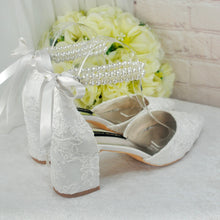 Load image into Gallery viewer, Ivory Lace Block Heel Sandals with Pearl Ankle Strap Wedding Bridal Shoes UK7/US9.5
