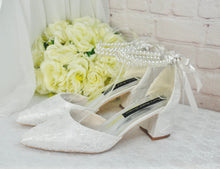 Load image into Gallery viewer, Ivory Lace Block Heel Sandals with Pearl Ankle Strap Wedding Bridal Shoes UK7/US9.5
