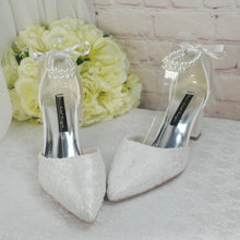 Load image into Gallery viewer, Ivory Lace Block Heel Sandals with Pearl Ankle Strap Wedding Bridal Shoes UK7/US9.5
