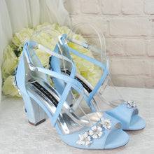 Load image into Gallery viewer, Blue Satin Block Heel Bridal Sandals UK4/US6.5
