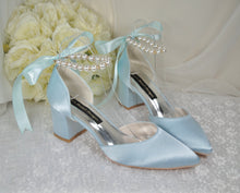 Load image into Gallery viewer, Handmade Satin Block Heel Sandals with Pearl Ankle Strap - Other Colours
