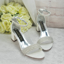 Load image into Gallery viewer, Ivory Block Heel Wedding Shoes with Pearl Details and Ankle Strap  UK5/US7.5
