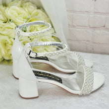 Load image into Gallery viewer, Ivory Block Heel Wedding Shoes with Pearl Details and Ankle Strap  UK5/US7.5
