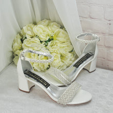 Load image into Gallery viewer, Ivory Block Heel Wedding Shoes with Pearl Details and Ankle Strap  UK5/US7.5
