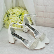 Load image into Gallery viewer, Ivory Block Heel Wedding Shoes with Pearl Details and Ankle Strap  UK5/US7.5
