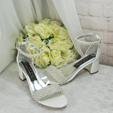 Load image into Gallery viewer, Ivory Block Heel Wedding Shoes with Pearl Details and Ankle Strap  UK5/US7.5
