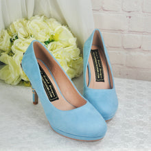 Load image into Gallery viewer, Blue Suede Wedding Shoes and Matching Clutch Bag with &#39;Cherry Blossom&#39;,
