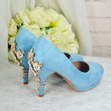 Load image into Gallery viewer, Blue Suede Wedding Shoes and Matching Clutch Bag with &#39;Cherry Blossom&#39;,
