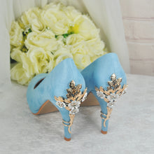 Load image into Gallery viewer, Blue Suede Wedding Shoes and Matching Clutch Bag with &#39;Cherry Blossom&#39;,
