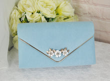 Load image into Gallery viewer, Blue Suede Wedding Shoes and Matching Clutch Bag with &#39;Cherry Blossom&#39;,
