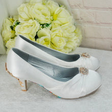 Load image into Gallery viewer, Custom Bridal Shoes, Low Heel Satin Shoe, Beauty and the Beast Wedding, Whiter Ivory Heels
