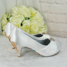 Load image into Gallery viewer, Custom Bridal Shoes, Low Heel Satin Shoe, Beauty and the Beast Wedding, Whiter Ivory Heels
