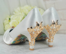 Load image into Gallery viewer, Custom Bridal Shoes, Low Heel Satin Shoe, Beauty and the Beast Wedding, Whiter Ivory Heels
