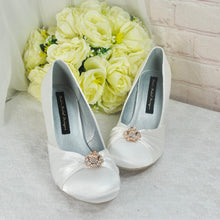 Load image into Gallery viewer, Custom Bridal Shoes, Low Heel Satin Shoe, Beauty and the Beast Wedding, Whiter Ivory Heels
