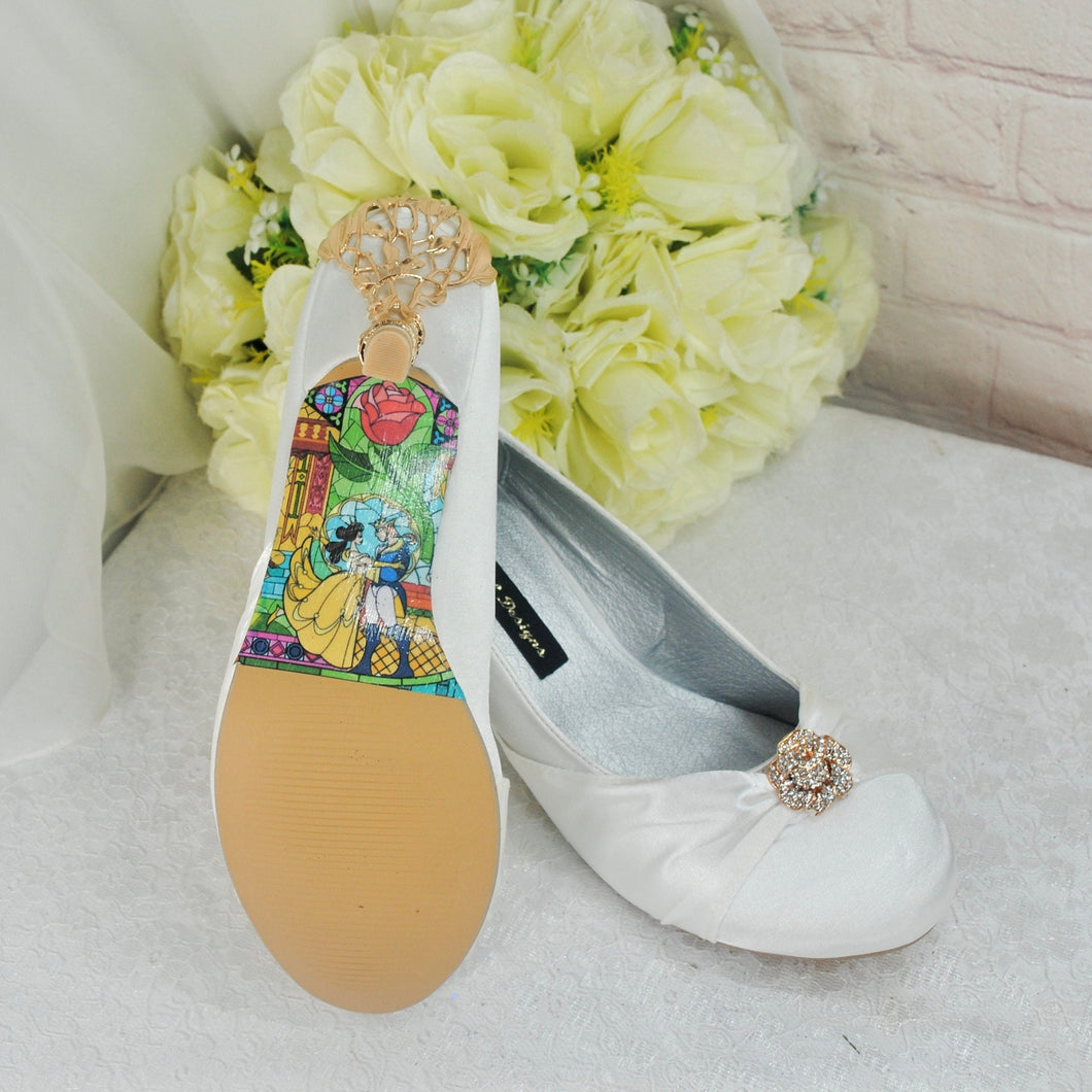 Custom Bridal Shoes, Low Heel Satin Shoe, Beauty and the Beast Wedding, Whiter Ivory Heels