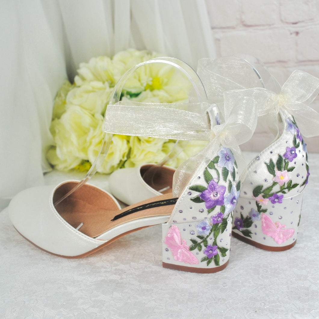 Ivory Satin Bridal Sandals with Floral Embroidery, UK4/US6.5