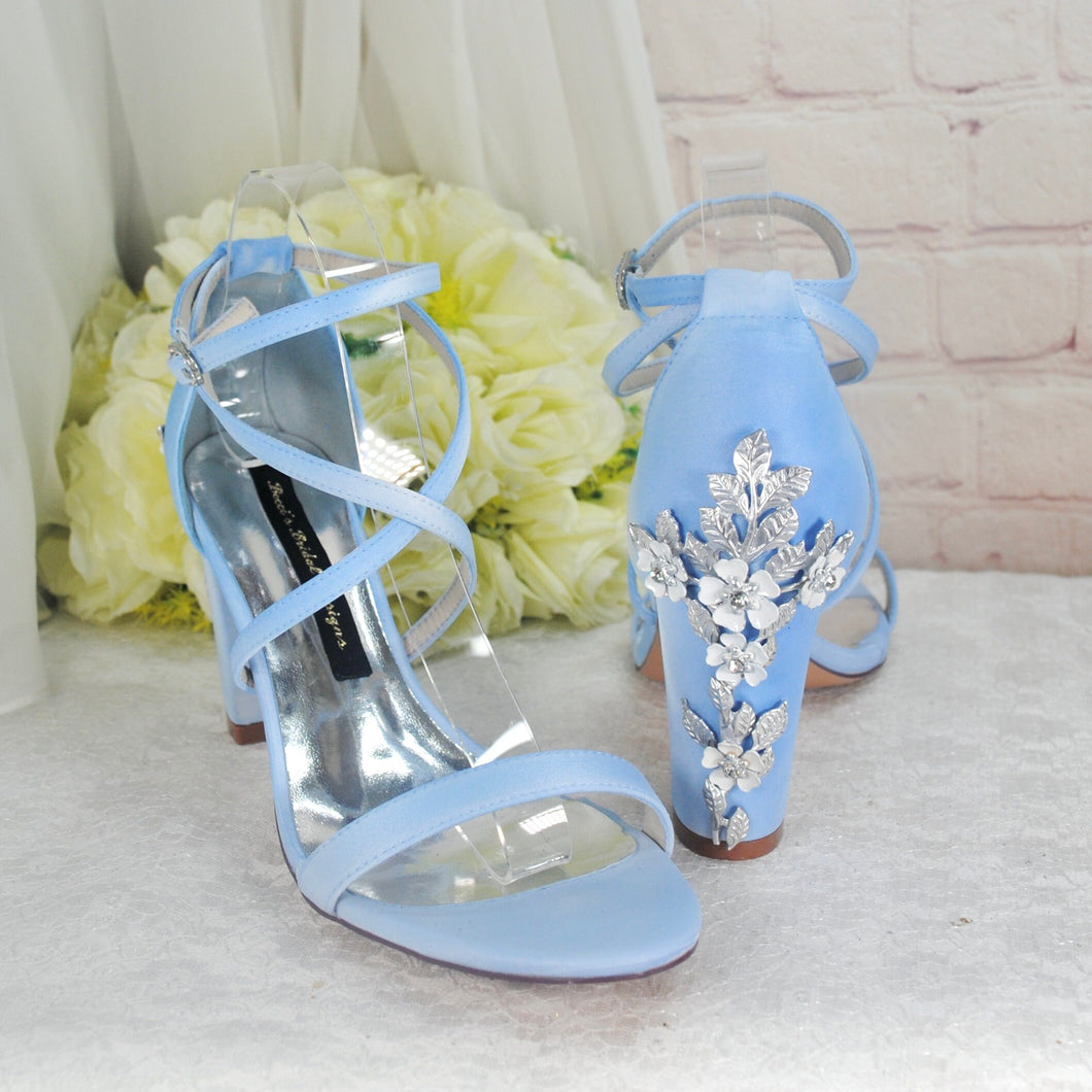 Blue Satin Cherry Blossom Block Heels