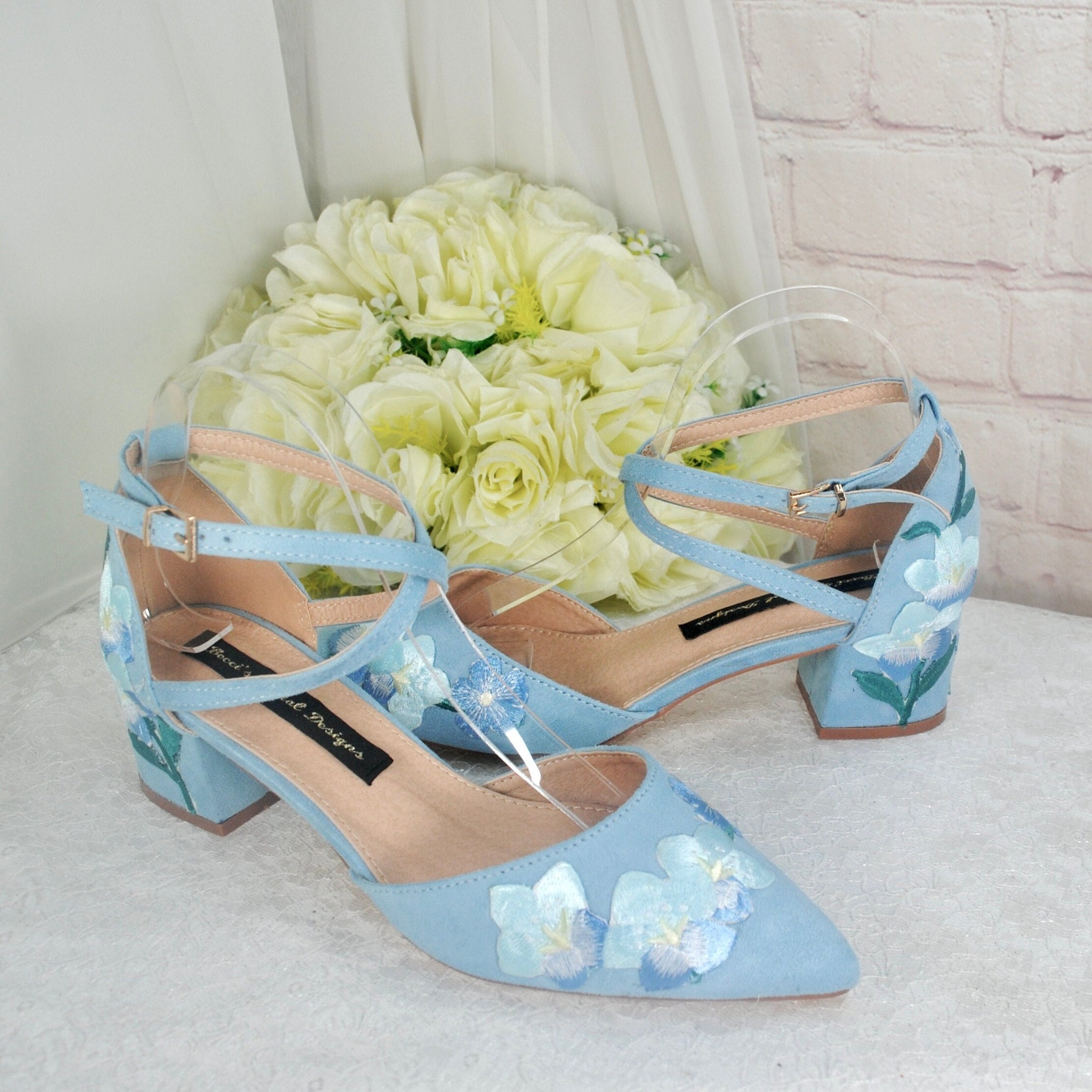 Blue Suede Low Heel Bridal Sandals with Floral Embroidery, – Becci's Bridal  Designs