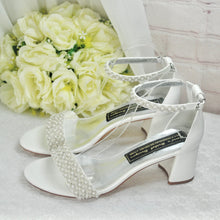 Load image into Gallery viewer, Ivory Block Heel Wedding Shoes with Pearl Details and Ankle Strap  UK5/US7.5
