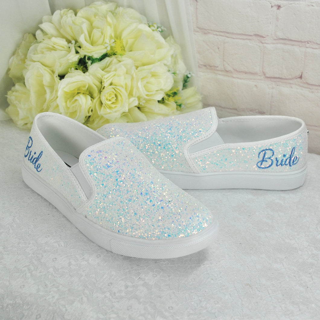 Beautiful White Glitter Bridal Shoes - Flat Wedding Trainers / Sneakers