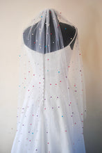 Load image into Gallery viewer, White Pearl Bridal Veil with Rainbow Multi Coloured Pearls, Disco Ball Wedding Veil
