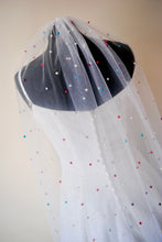 Load image into Gallery viewer, White Pearl Bridal Veil with Rainbow Multi Coloured Pearls, Disco Ball Wedding Veil
