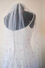 Load image into Gallery viewer, White Pearl Bridal Veil with Rainbow Multi Coloured Pearls, Disco Ball Wedding Veil
