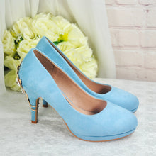 Load image into Gallery viewer, Blue Suede Wedding Shoes and Matching Clutch Bag with &#39;Cherry Blossom&#39;,
