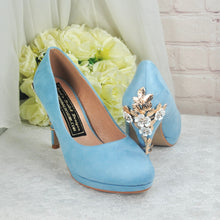 Load image into Gallery viewer, Blue Suede Wedding Shoes and Matching Clutch Bag with &#39;Cherry Blossom&#39;,
