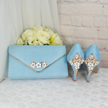 Load image into Gallery viewer, Blue Suede Wedding Shoes and Matching Clutch Bag with &#39;Cherry Blossom&#39;,
