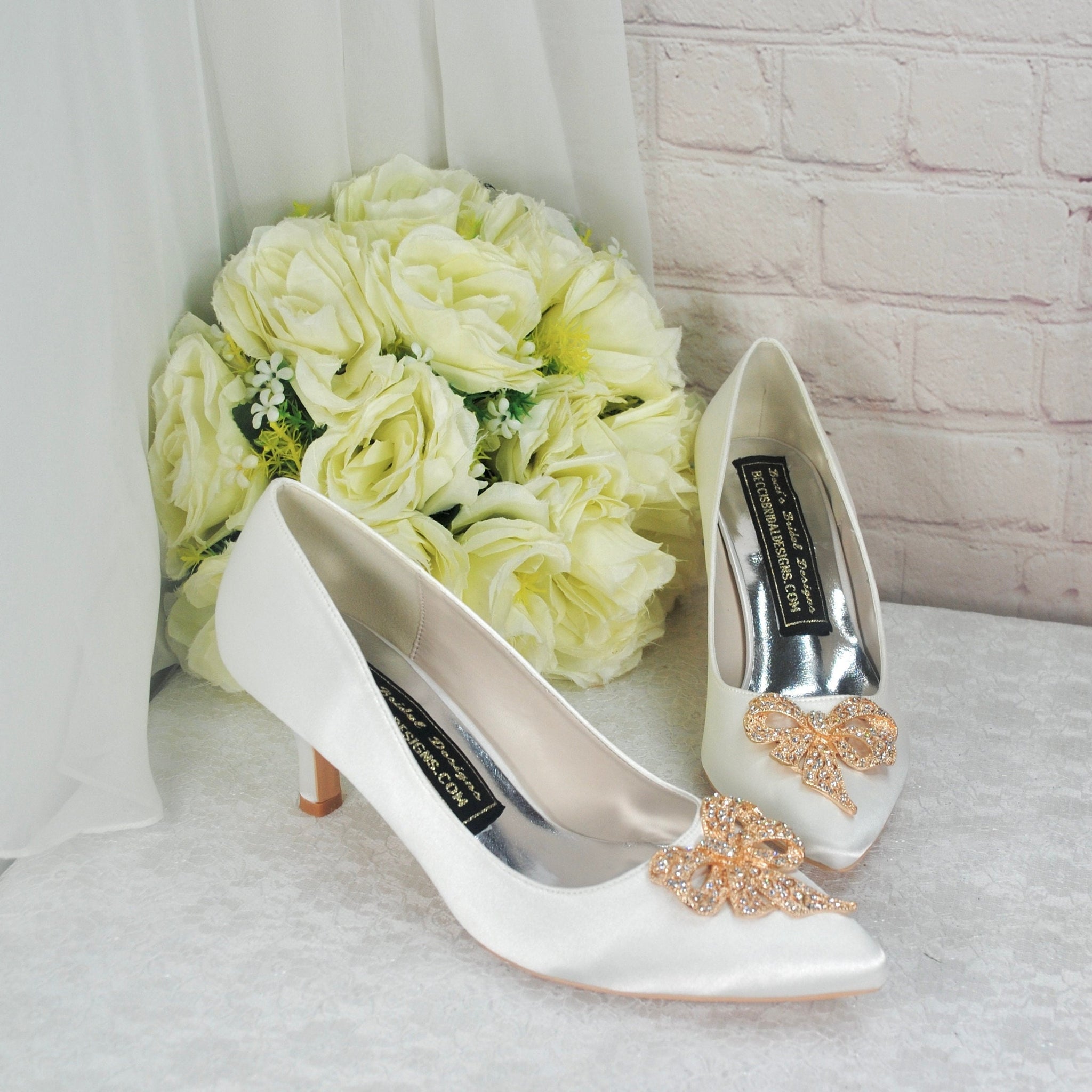 Kitten Heel Satin Shoes Low Heel Bridal Shoe with Crystal Bow Embel Becci s Bridal Designs