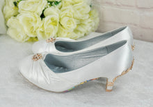 Load image into Gallery viewer, Custom Bridal Shoes, Low Heel Satin Shoe, Beauty and the Beast Wedding, Whiter Ivory Heels
