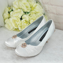 Load image into Gallery viewer, Custom Bridal Shoes, Low Heel Satin Shoe, Beauty and the Beast Wedding, Whiter Ivory Heels
