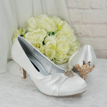 Load image into Gallery viewer, Custom Bridal Shoes, Low Heel Satin Shoe, Beauty and the Beast Wedding, Whiter Ivory Heels
