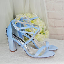 Load image into Gallery viewer, Blue Satin Cherry Blossom Block Heels
