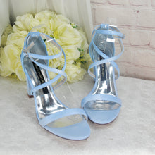 Load image into Gallery viewer, Blue Satin Cherry Blossom Block Heels
