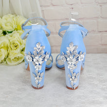 Load image into Gallery viewer, Blue Satin Cherry Blossom Block Heels
