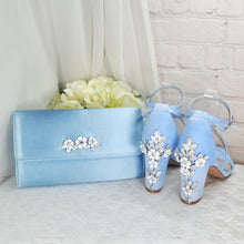 Load image into Gallery viewer, Blue Satin Cherry Blossom Block Heels
