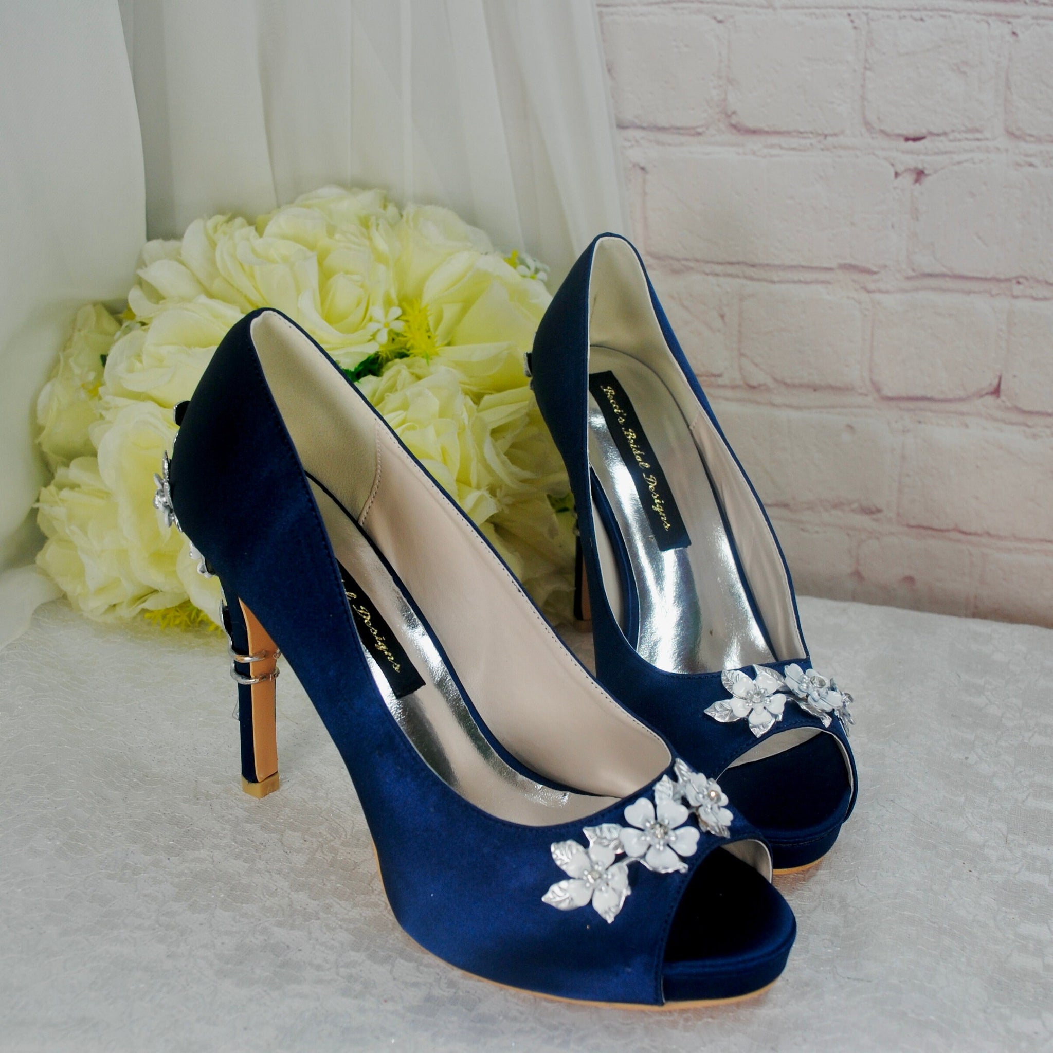Navy Blue Satin Peep Toe Heels with Cherry Blossom