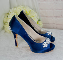 Load image into Gallery viewer, Navy Blue Satin Peep Toe Heels with Cherry Blossom
