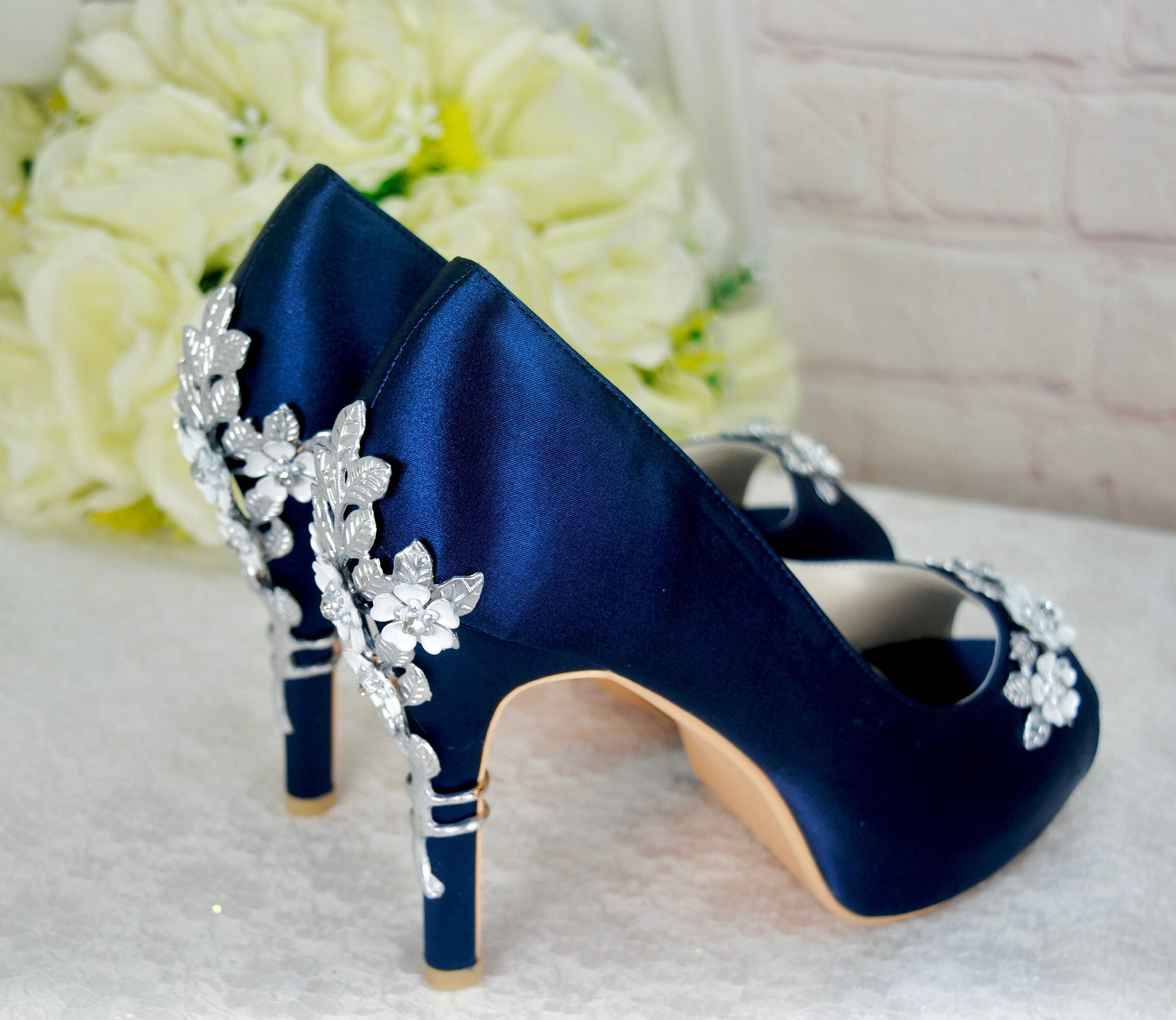 Navy Blue Satin Peep Toe Heels with Cherry Blossom Becci s Bridal Designs